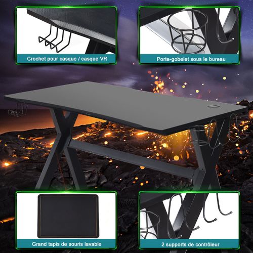 Bureau Gaming Pour Gamer Table Ergonomique Avec Porte-gobelet Et Crochet - 123 X 60 X 76 Cm
