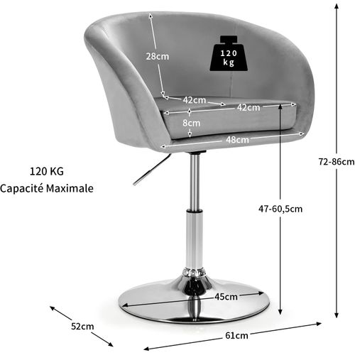 Chaise Pivotante En Velours, Fauteuil De Bureau Réglable En Hauteur, Charge 125kg Gris