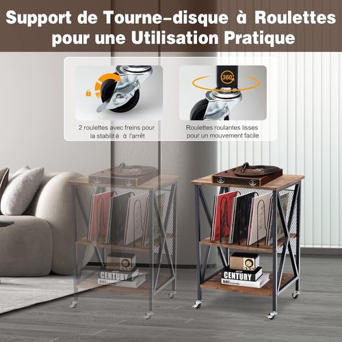 Desserte à Roulettes Avec Support De Tourne-disque Pour 250 Albums, Étagère De Rangement, 52x45x75cm