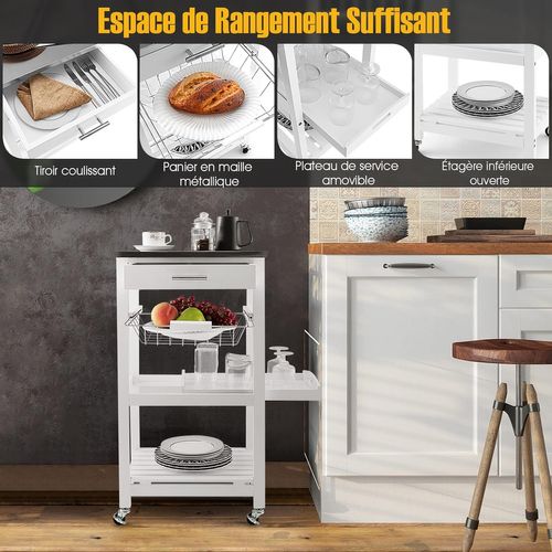 Desserte Cuisine à Roulettes Avec Tiroir Et Panier En Fil Métallique, Chariot De Service