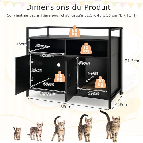 Meuble Litiere Chat Griffoir Amovible Industriel,89x45x74,5cm Noir