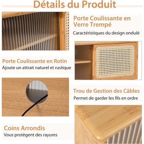 Meuble TV En Bambou Pour TV 55" Avec 4 Compartiments, 4 Pieds En Bois Massif, 2 Portes Coulissantes