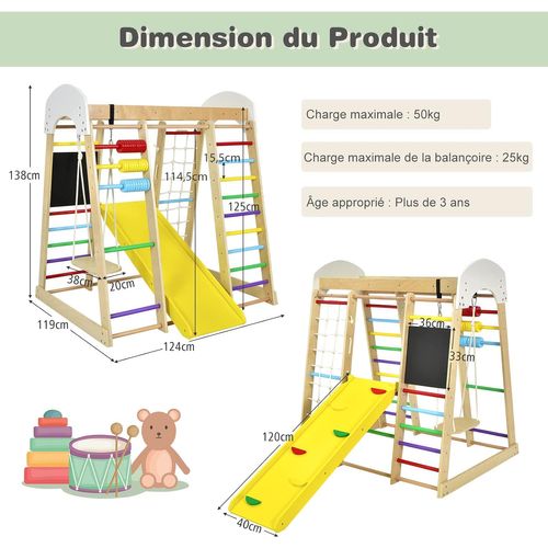 Aire De Jeux 8 En 1 Avec Toboggan, Balançoire, Échelle, Rocher D’escalade, Filet D’escalade(coloré)