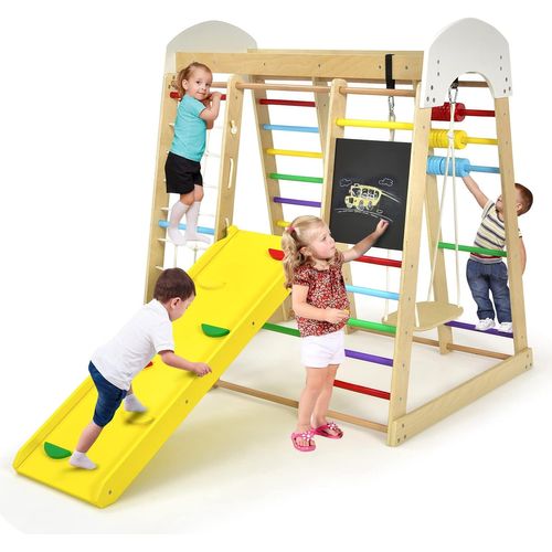 Aire De Jeux 8 En 1 Avec Toboggan, Balançoire, Échelle, Rocher D’escalade, Filet D’escalade(coloré)