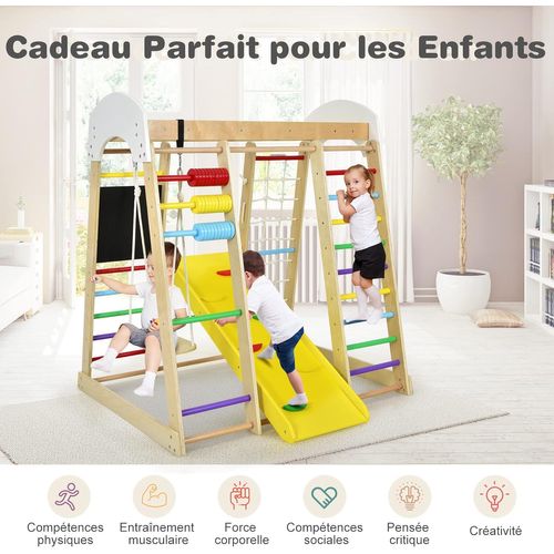 Aire De Jeux 8 En 1 Avec Toboggan, Balançoire, Échelle, Rocher D’escalade, Filet D’escalade(coloré)