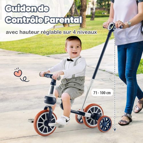 5 En 1 Tricycle Bébé Evolutif Avec Putter Parentale, Siège Réglable, Guidon Réversible (marine)