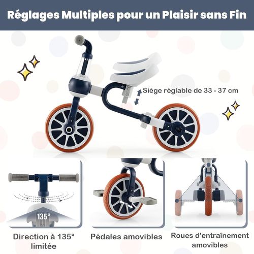 5 En 1 Tricycle Bébé Evolutif Avec Putter Parentale, Siège Réglable, Guidon Réversible (marine)