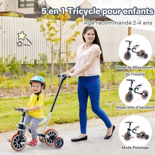 5 En 1 Tricycle Bébé Evolutif Avec Putter Parentale, Siège Réglable, Guidon Réversible (marine)