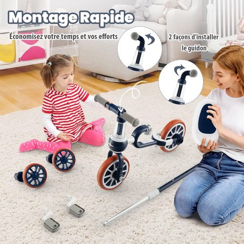 5 En 1 Tricycle Bébé Evolutif Avec Putter Parentale, Siège Réglable, Guidon Réversible (marine)
