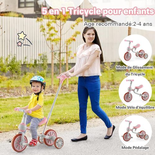5 En 1 Tricycle Bébé Evolutif Avec Putter Parentale, Siège Réglable, Guidon Réversible (rose)
