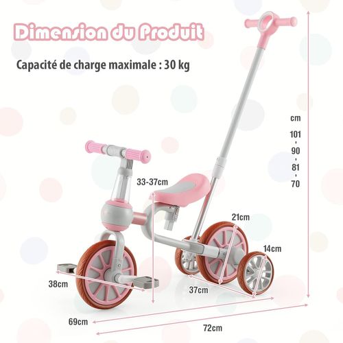 5 En 1 Tricycle Bébé Evolutif Avec Putter Parentale, Siège Réglable, Guidon Réversible (rose)