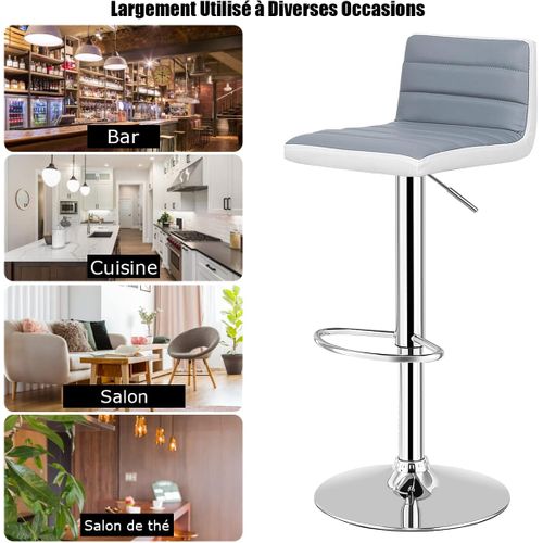 2 Tabourets De Bar Rotatif Sur 360°en Acier + Éponge + Pu, Hauteur Réglable 78-98 Cm Avec Dossier