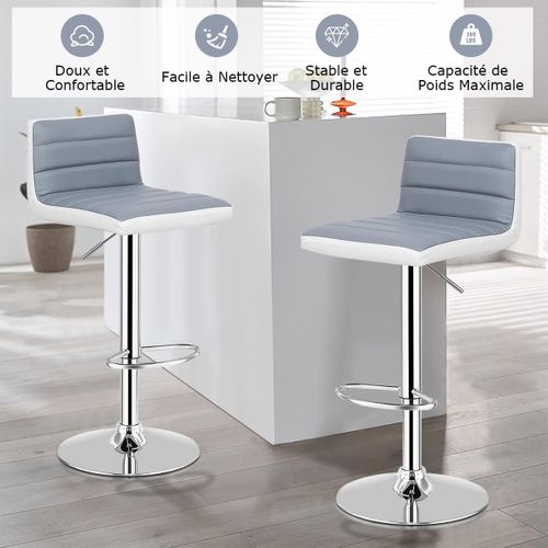 2 Tabourets De Bar Rotatif Sur 360°en Acier + Éponge + Pu, Hauteur Réglable 78-98 Cm Avec Dossier