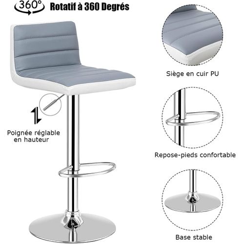 2 Tabourets De Bar Rotatif Sur 360°en Acier + Éponge + Pu, Hauteur Réglable 78-98 Cm Avec Dossier