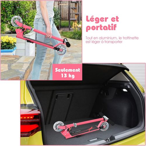 Trottinette Enfant 2 Roues Patinette Enfant Pliable Scooter Enfant Kick Avec LED Lumière-rose