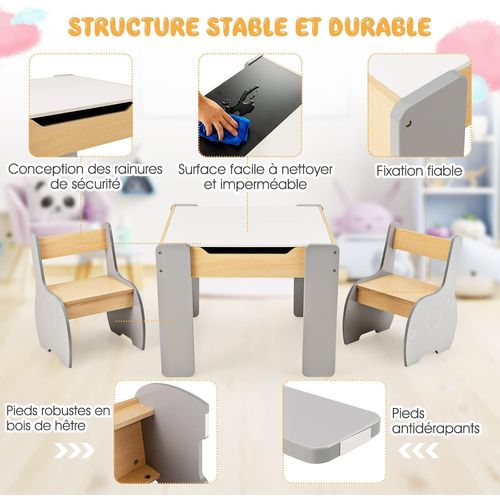 Ensemble Table Et 2 Chaises 3 En 1 Pour Enfants Avec Tableau Amovible/table D’activités En Bois