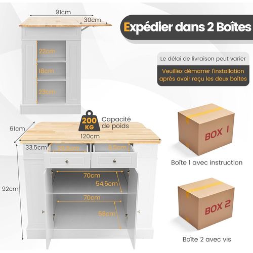 Ilot Central Cuisine Comptoir En Bois Et Étagères Réglables à 3 Niveaux, Avec Tiroirs,120x61x92cm