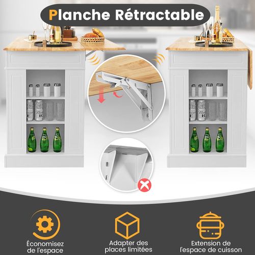 Ilot Central Cuisine Comptoir En Bois Et Étagères Réglables à 3 Niveaux, Avec Tiroirs,120x61x92cm