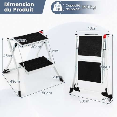 Marchepied à 2 Marches Pliable, Escabeau Cadre Métallique 30 X 20cm,capacité 150 Kg,50 X 49 X 45 Cm