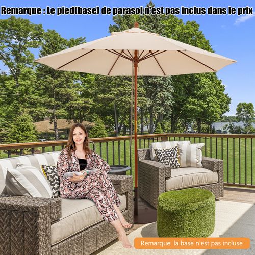 Parasol De Jardin Pliable 2,9m Avec Mécanisme De Poulie à Corde Poteau En Bois, Beige