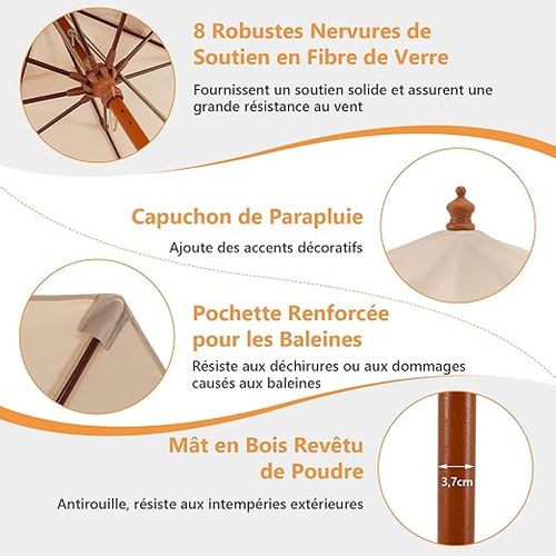 Parasol De Jardin Pliable 2,9m Avec Mécanisme De Poulie à Corde Poteau En Bois, Beige