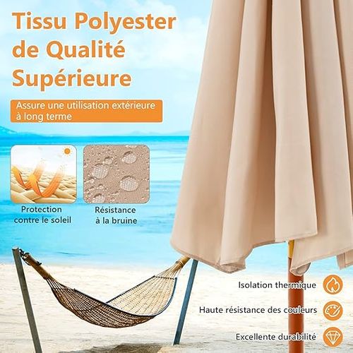 Parasol De Jardin Pliable 2,9m Avec Mécanisme De Poulie à Corde Poteau En Bois, Beige