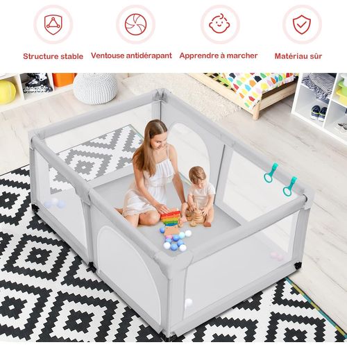 Parc Bébé Avec 2 Poignées Et 50 Balles Colorées, Aire De Jeu En Maille ,120 X 190 X 68 Cm, Gris