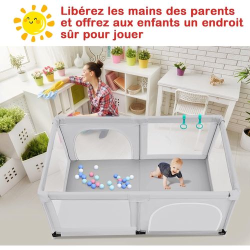 Parc Bébé Avec 2 Poignées Et 50 Balles Colorées, Aire De Jeu En Maille ,120 X 190 X 68 Cm, Gris