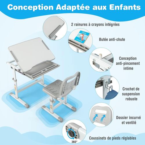 Bureau Pour Enfant, Hauteur Réglable, Inclinable 0-45°, Ensemble Table Et Chaise Avec Plateau, Tiro