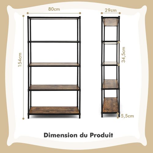 Bibliothèque Étagère Échelle à 5 Niveaux, Avec Dispositifs Anti-basculement 80x29x154cm (noir)