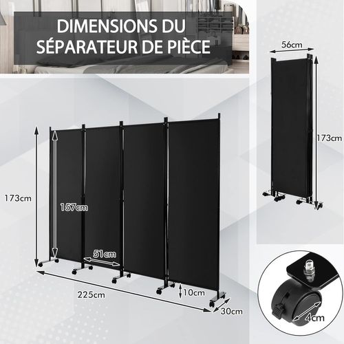 Paravent Intérieur à Roulette 4 Panneaux Pliable, Brise-vue, Cloison De Séparation,225x173cm (noir)