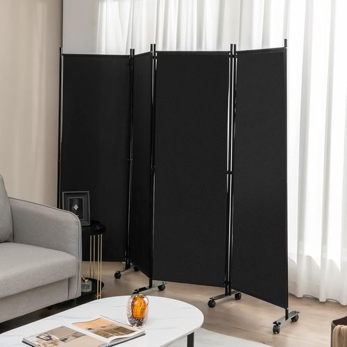 Paravent Intérieur à Roulette 4 Panneaux Pliable, Brise-vue, Cloison De Séparation,225x173cm (noir)