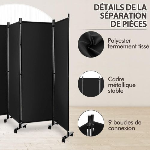 Paravent Intérieur à Roulette 4 Panneaux Pliable, Brise-vue, Cloison De Séparation,225x173cm (noir)