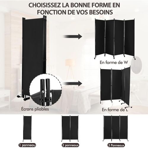 Paravent Intérieur à Roulette 4 Panneaux Pliable, Brise-vue, Cloison De Séparation,225x173cm (noir)