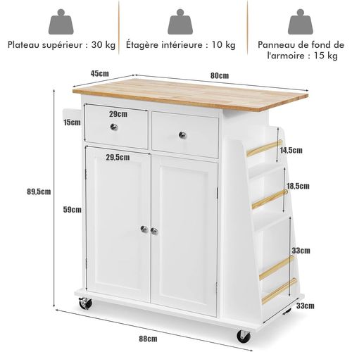 Desserte De Cuisine Sur Roulettes Plateau En Bois, Porte-serviettes, 1 Tiroir 88x46x90cm, Blanc