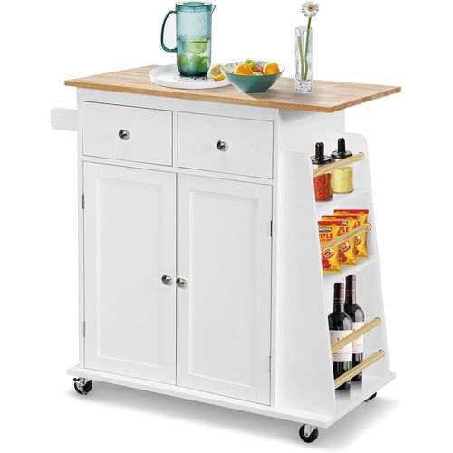 Desserte De Cuisine Sur Roulettes Plateau En Bois, Porte-serviettes, 1 Tiroir 88x46x90cm, Blanc