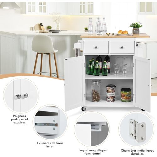 Desserte De Cuisine Sur Roulettes Plateau En Bois, Porte-serviettes, 1 Tiroir 88x46x90cm, Blanc