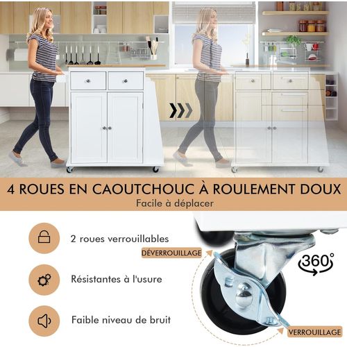 Desserte De Cuisine Sur Roulettes Plateau En Bois, Porte-serviettes, 1 Tiroir 88x46x90cm, Blanc
