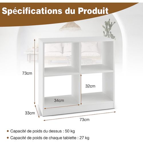 Bibliothèque Étagère Rangement à 3 Niveaux Avec 4 Compartiments Ouverts 73 X 33 X 73cm Blanc