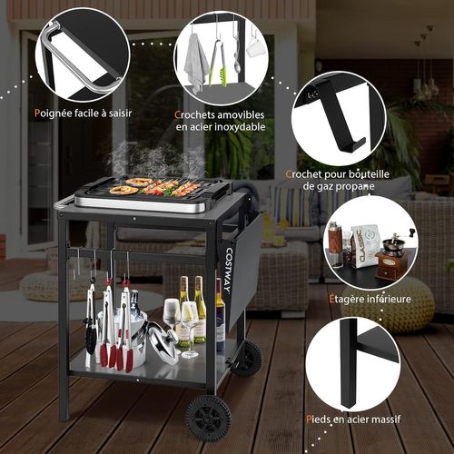 Chariot De Barbecue à Double Étagère Avec Table Pliante, 4 Crochets, 96,5 X 64 X 75,5 Cm