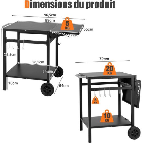 Chariot De Barbecue à Double Étagère Avec Table Pliante, 4 Crochets, 96,5 X 64 X 75,5 Cm