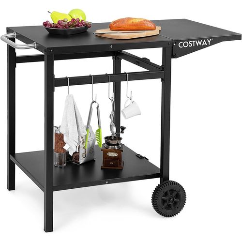 Chariot De Barbecue à Double Étagère Avec Table Pliante, 4 Crochets, 96,5 X 64 X 75,5 Cm