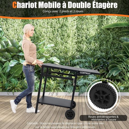 Chariot De Barbecue à Double Étagère Avec Table Pliante, 4 Crochets, 96,5 X 64 X 75,5 Cm
