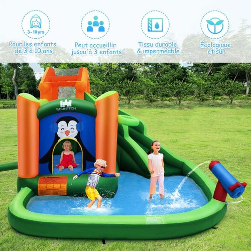 Château Gonflable Avec Toboggans Aquatiques, Aire De Jeux Gonflable Piscine Avec Motif De Pingouin