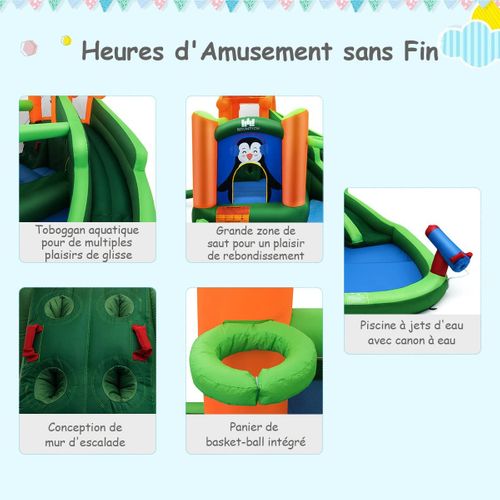 Château Gonflable Avec Toboggans Aquatiques, Aire De Jeux Gonflable Piscine Avec Motif De Pingouin