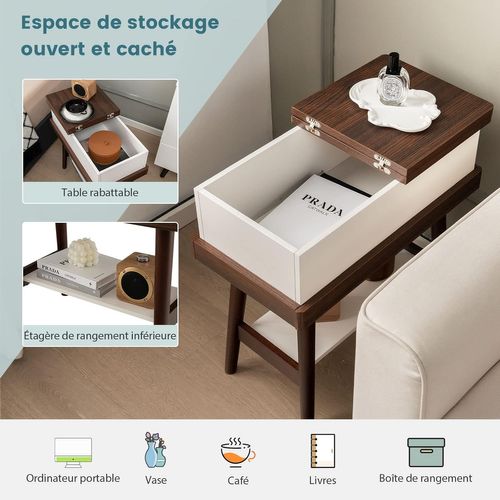 Bout De Canapé Table D’appoint Plateau Rabattable, Table De Chevet à 2 Niveaux  60 X 30 X 59 Cm