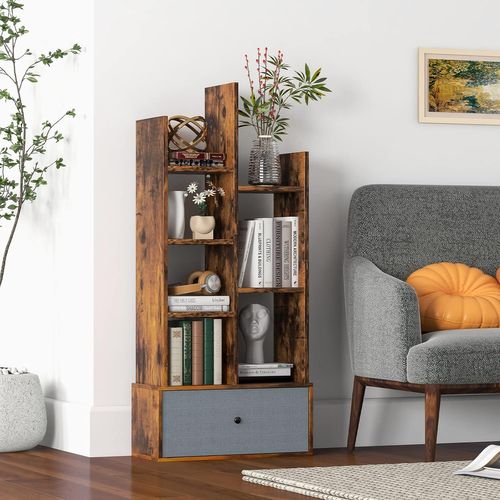 Bibliothèque à 7 Niveaux Avec Tiroir Amovible, Étagère 7 Compartiments, 53x24x118cm Marron