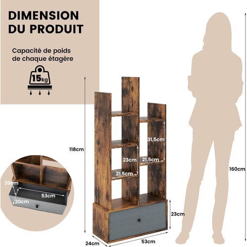 Bibliothèque à 7 Niveaux Avec Tiroir Amovible, Étagère 7 Compartiments, 53x24x118cm Marron