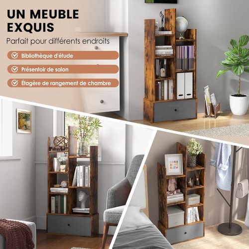 Bibliothèque à 7 Niveaux Avec Tiroir Amovible, Étagère 7 Compartiments, 53x24x118cm Marron