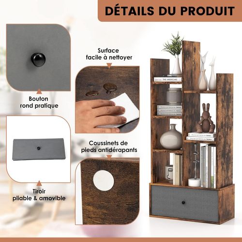 Bibliothèque à 7 Niveaux Avec Tiroir Amovible, Étagère 7 Compartiments, 53x24x118cm Marron